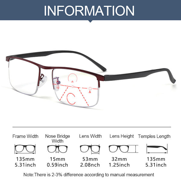 Anti-sininen valo lukulasit Progressiiviset presbyopia pronssi Strength 2.50 bronze