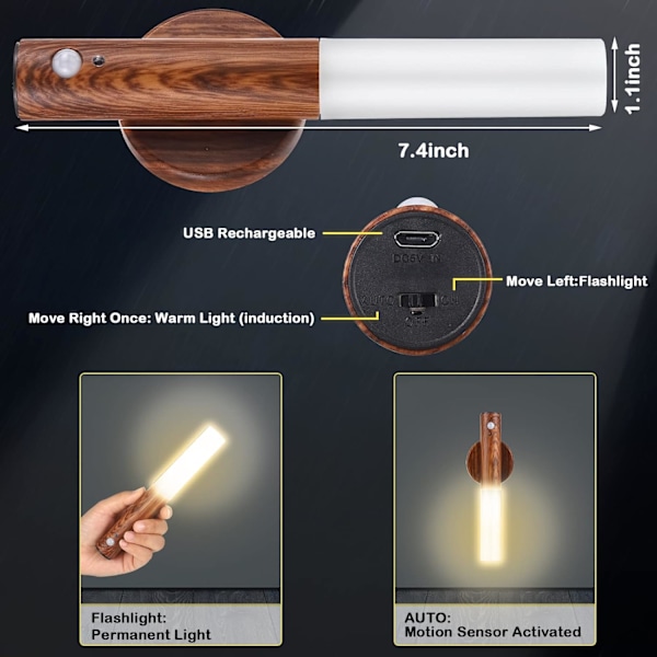 2 st rörelsesensor nattlampa magnetisk vägglampa USB LED-lampor uppladdningsbar stick trådlös trappa inomhus trävägglampor med stort batteri