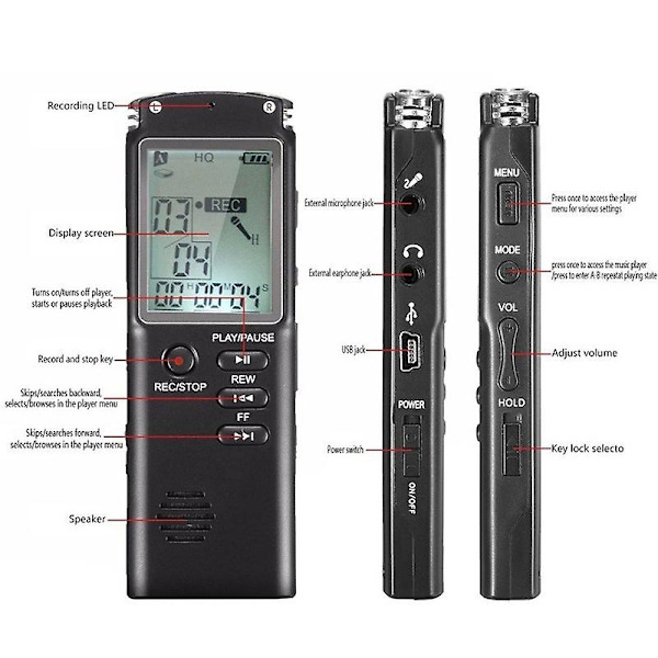 32GB bærbar genopladelig LCD digital lydoptager diktafon med MP3