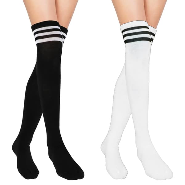 Par stribede knæstrømper, bomuldsstribede leggings afslappede støvlestrømper til cosplay afslappet brug, (1 par sort, 1 par hvid)-FA-