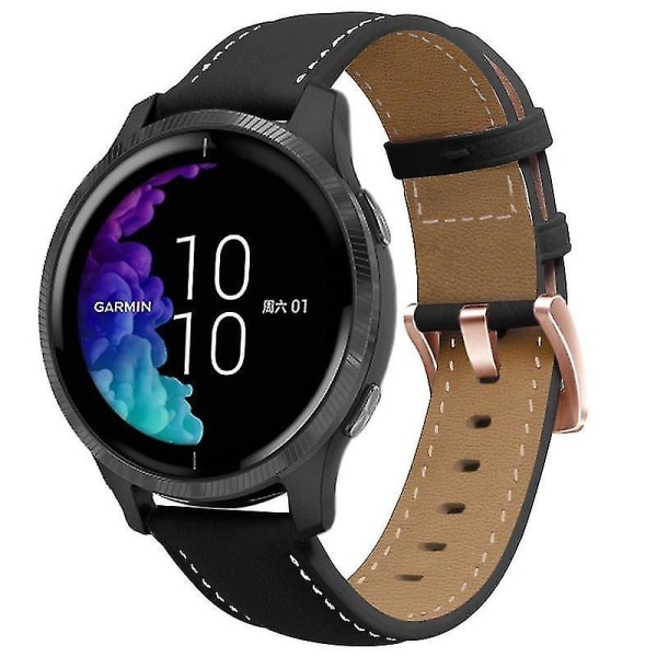Garmin Venu/sq/sq 2/2 Plus -kellohihnalle, 20 mm aito nahkahihna ruusukultaisella soljella Black