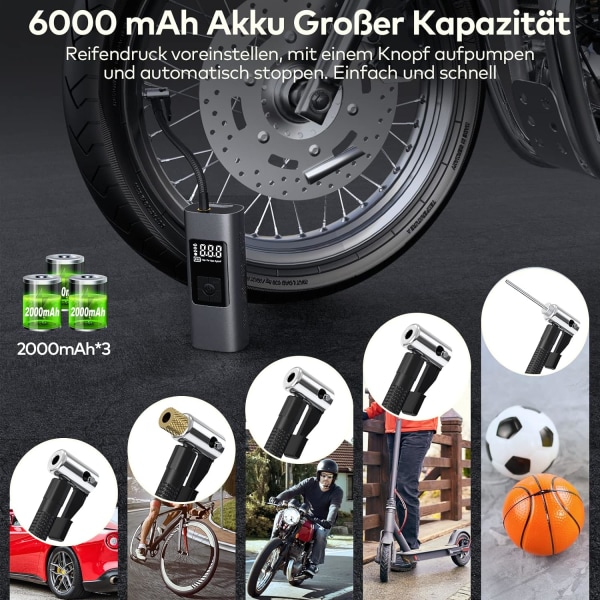 6000mAh Mini Elektrisk Luftpump, Bärbar Luftkompressor Sladdlös Däckuppblåsare 150PSI med Digital LCD-display, Elektrisk Cykelpump med LED-ljus