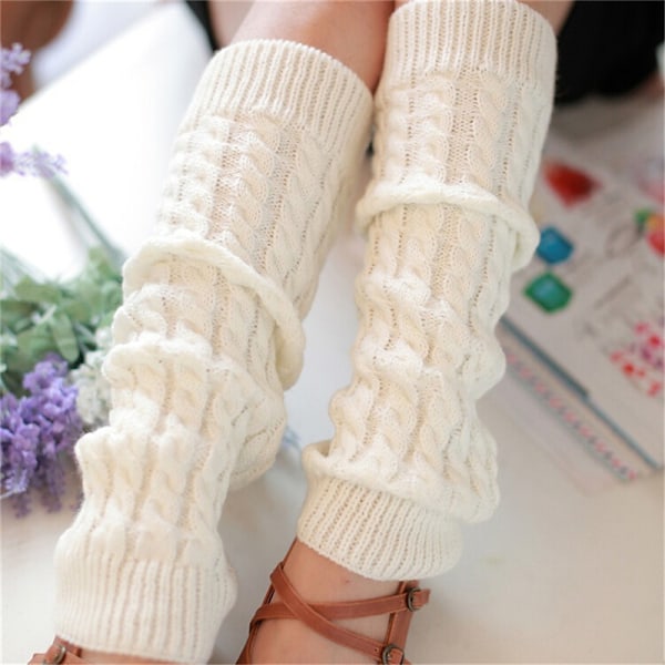 Naisten talvi neulotut virkatut villasukat leggings saappaat White