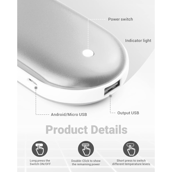 Kädenlämmitin Latautuva Uusiokäyttöinen USB: 5200mAh Sähköinen Kannettava Taskulämmitin - 3 Lämpötila-asetusta 2-in-1 Kädenlämmitin