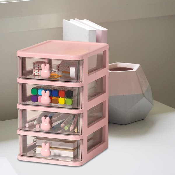 Plastic Storage Box, 21X17cm 4 Layers Multifunctional Desktop Storage Cabinet Storage Container with Drawers Mini Drawer Organizer for Home, Office-FA- Pink