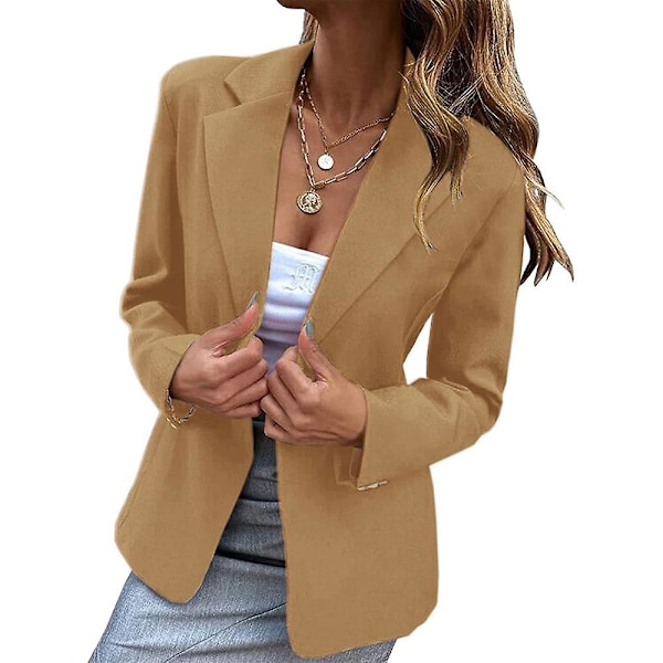 Dame Blazer med En Knap Kavaj Langærmet Jakke Business Casual Slim Fit Yderbeklædning Khaki Khaki 2XL