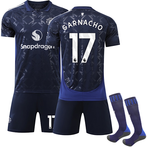 2024-2025 Manchester United Børneudebanesæt Fodboldtrøje Kit NO.17 Garnacho XXL