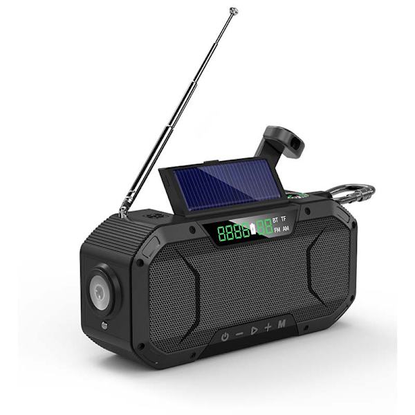 Vevradio med solceller ficklampa och 5000mAh powerbank SOS FB580-Black