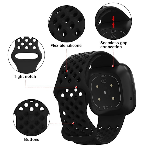 Sportigt silikonarmband med TPU ihålig design för Fitbit Versa 3 och Sense Smartwatches svart