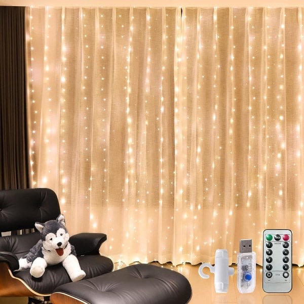 300 LED-valosarjan verhotyyliin, 8 valaistustilaa, 2,95 m x 2,8 m