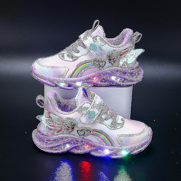 Flickor Led Casual Sneakers Elsa Prinsessa Print Utomhusskor Barn Ljus-up Halkfria Skor för Vår och Vinter - Yzy Lila P Purple P 25-insole 15.2cm