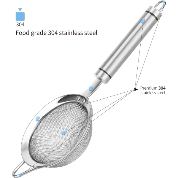 304 ruostumattomasta teräksestä valmistettu keittiön silmäverkko, siivilä kahvalla, siivilät