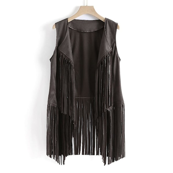 Dam Faux Mocka Ärmlös För Jacka Fransar Tofs 70-tal Hippie Öppen Fram Cardigan Grå Gray L