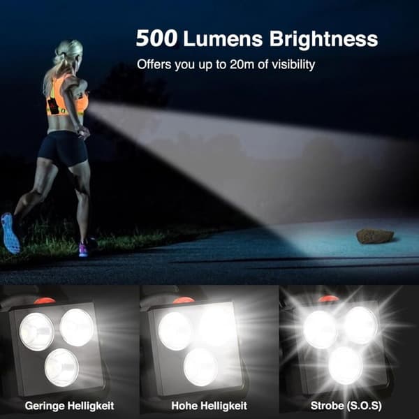 USB Rechargeable LED Running Light Chest Lamp 500 Lumen 120° Adjustable with Reflective Strips for Jogging Walking 3 Lights-FA-