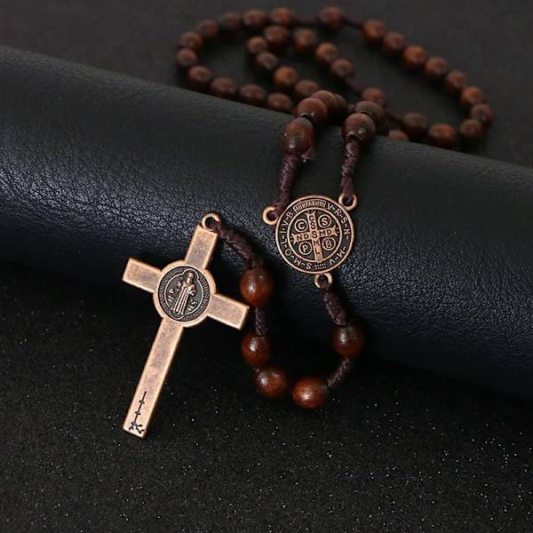Kristus Jesus Træperler 8 mm Rosarieskive Kors Bilhæng Vævet Reb Kæde Halskæde Religiøse Ortodokse Bøn Smykker