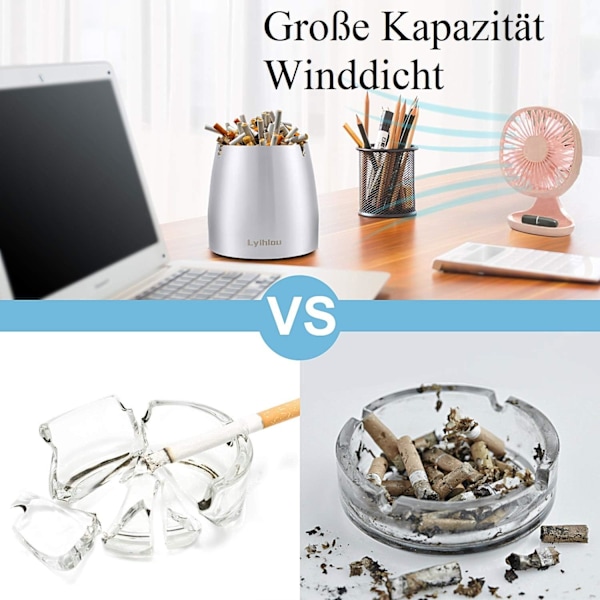 Askebæger i rustfrit stål med låg, vindsikkert bordaskebæger til cigaretter, moderne bordaskebæger bærbart med skridsikker bund til udendørs og indendørs