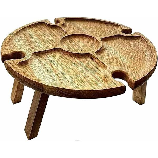 Hopfällbart picknickbord - Fällbart träbord med glashållare, rund vinglashållare, bärbart hopfällbart bord för camping och vandring MODOU