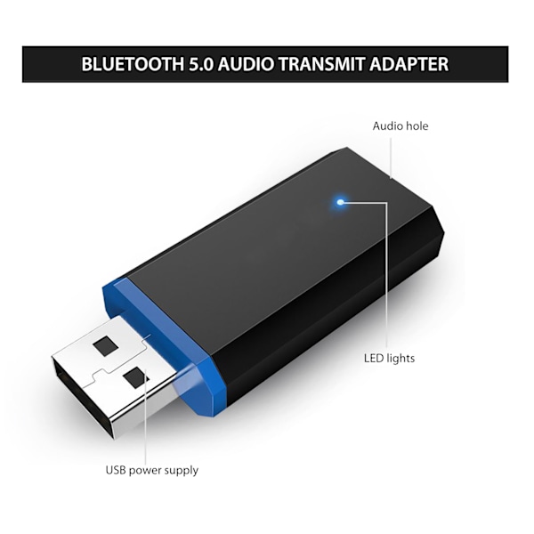 Bluetooth-sändare för TV, trådlös Bluetooth 5.0-sändare ljudadapter trådlös 3,5 mm-adapter för hörlurar PC-TV bärbar dator och mer