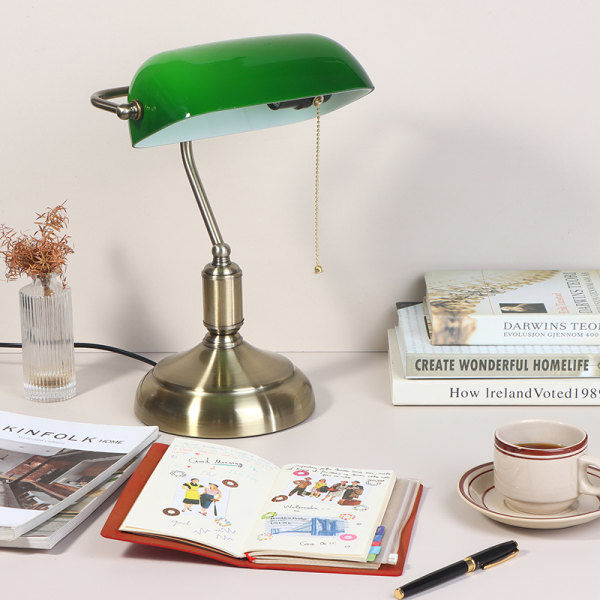 Klassisk Vintage Banker Lampe Bordlampe Grøn Glas Skærm Skrivebord B