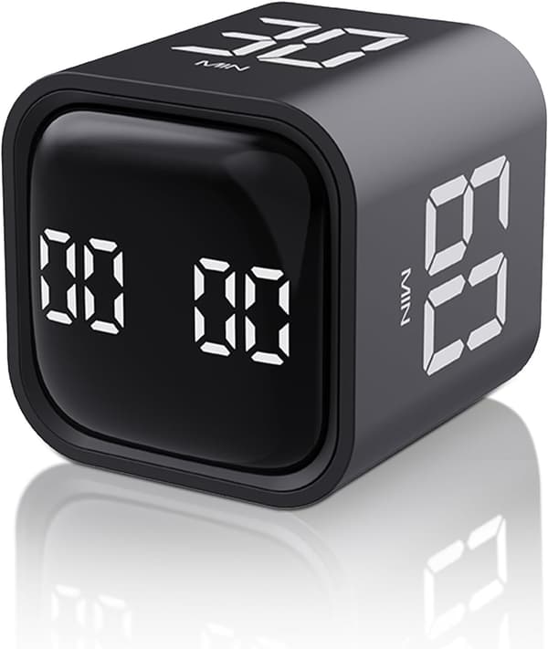 Kube Timer - Rotationstimer med tilpasset nedtælling - Lydløs, vibrerende og justerbar lydalarm - Perfekt til opgaver, arbejde, studier og køkken Black
