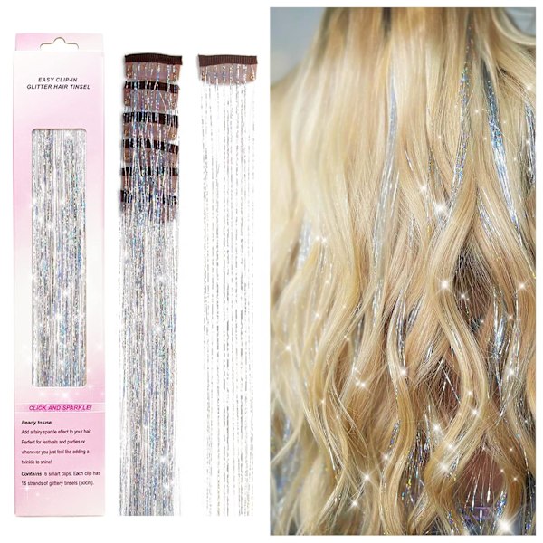 Clip in hårglitter kit, pakke med 6 stk Glitter Fairy Tinsel Hair Extensions 20 tommer skinnende hårglitter Varmebestandig (sølv)