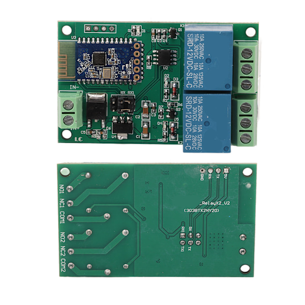 2-kanals Bluetooth-relämodul med kort APP-fjärrkontroll och ljusindikator, DC 12V