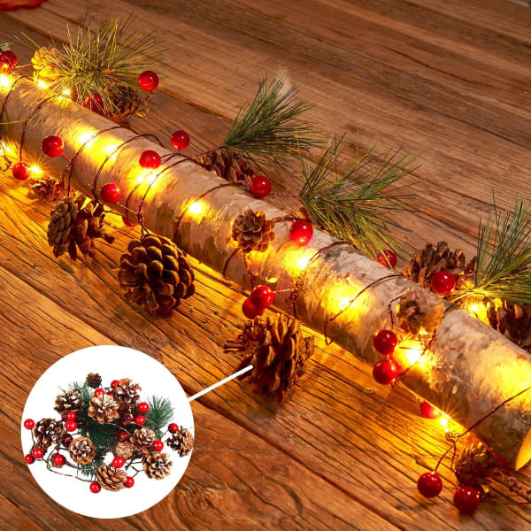 Garland Lights, Pine Cone Christmas Garland Lights med 6,5 fot 20LED Red Berry, batteridriven krans inomhus utomhus