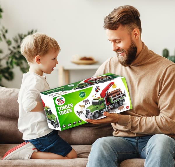 Timmerbil med fungerande kranleksak & stockar, stor 38 cm långtradare lekset för barn-FA-