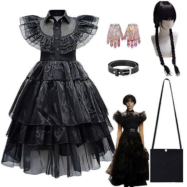 Barn Jente Onsdag Addams Family Kostyme Halloween Kjole Bursdagsfest Kjole Belte Veske Hansker Parykk Dress Belt Bag Gloves Wig 140cm