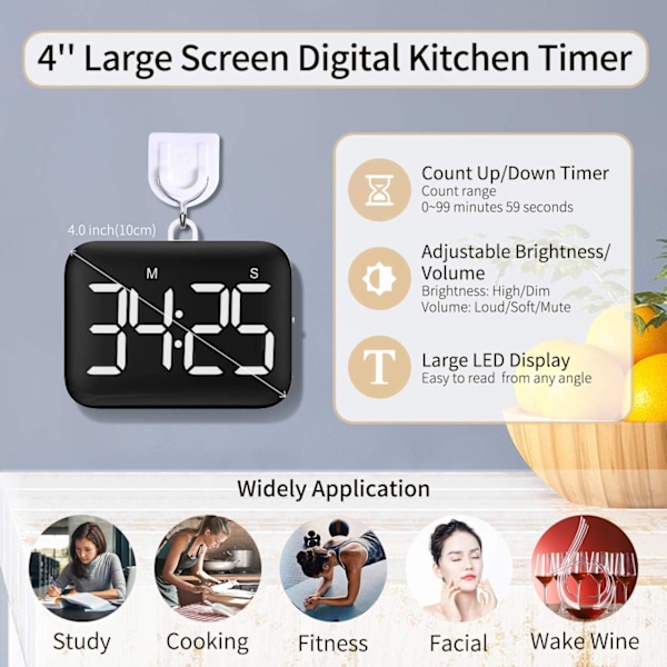 Digital kjøkkenklokke 4 tommers stor LED-skjerm Magnetisk timer med hvit