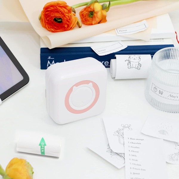 Trådløs bærbar termisk printer med Bluetooth, 5 ruller klistermærker og 5 ruller termisk papir A