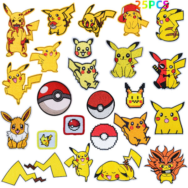 25 tegnede pikachu-lapper, broderede applikationsmærker sylapper og mærker stof reparationslapper til børnetøj jeans jakker sko rygsække t-shirts