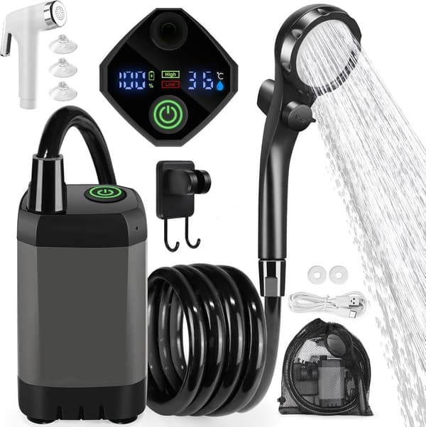 Bärbar campingdusch, utrustad med en batteridriven pump, ett 6000mAh uppladdningsbart batteri-FA-