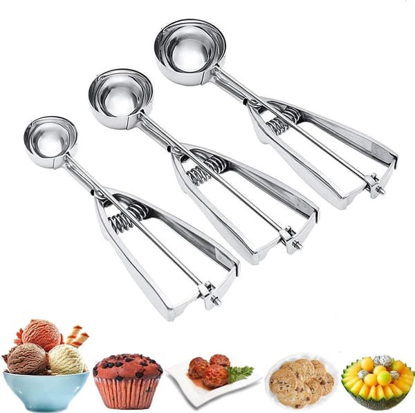 Ice Cream Scoop, 3 Pcs Cookie Scoop Set, Stainless Steel Ice Cream Scoopers with Trigger, Large/Medium/Small Cookie Scooper for Baking-FA-