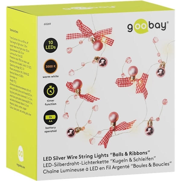 Goobay 10 LED-ljusslinga med silvertråd \"Bollar & sleijfar\" med timerfunktion, varmvitt (3000 K), batteridrift 115