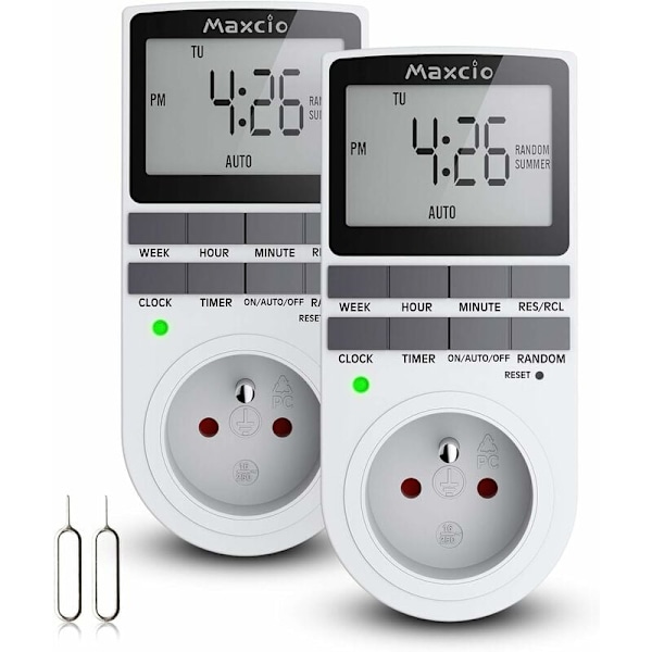 Digitale programmerbare stikkontakter (2-pakning) med daglig/ukentlig digital timer, LCD-skjerm, tilfeldig tyveribeskyttelse, energisparende, 16A/3680W maks
