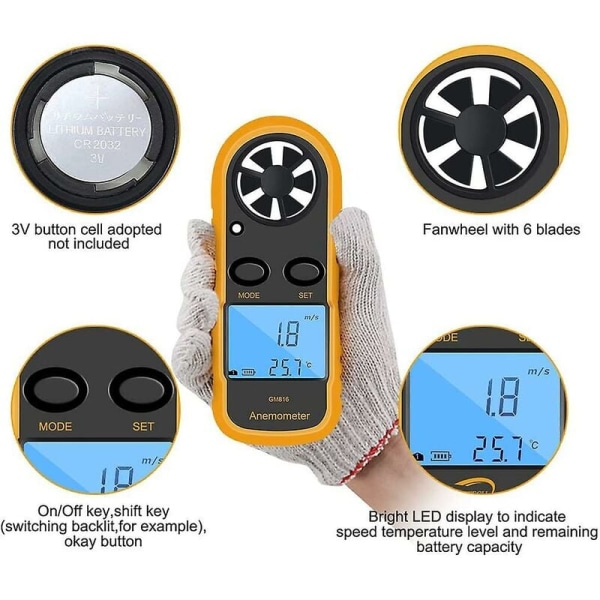 Fly/Navigasjon LCD Digital anemometer (med batteri)