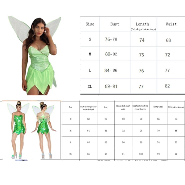 Kvinnors älva Tinker Bell kostymklänning grön alv cosplayklänning med gröna vingar L Green