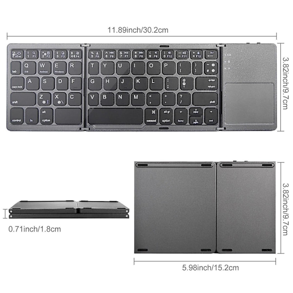 Vikbart trådløst tastatur, bærbart mini Bluetooth-tastatur for bærbar PC, nettbrett, smarttelefon Black