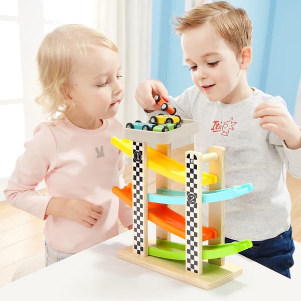 Småbarnsleker for 1-2 år gamle gutter og jenter Gaver Trebane Bilrampe Racer med 4 minibil-FA-