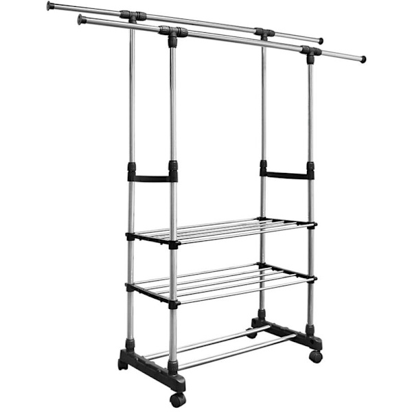 Rullande klädstång med dubbelstång och 3 metallhyllor - för sovrum, balkong, hall