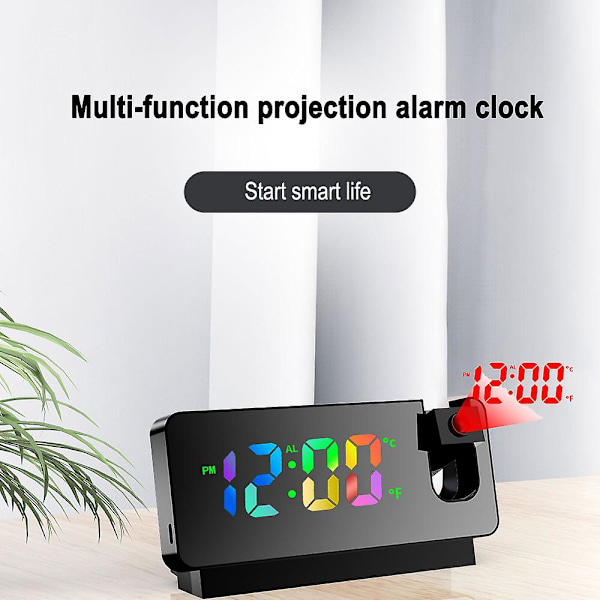 Projektionsklocka med LED-skärm, storbildsprojektion, tyst snooze, kreativ elektronisk projektionsväckarklocka, svart