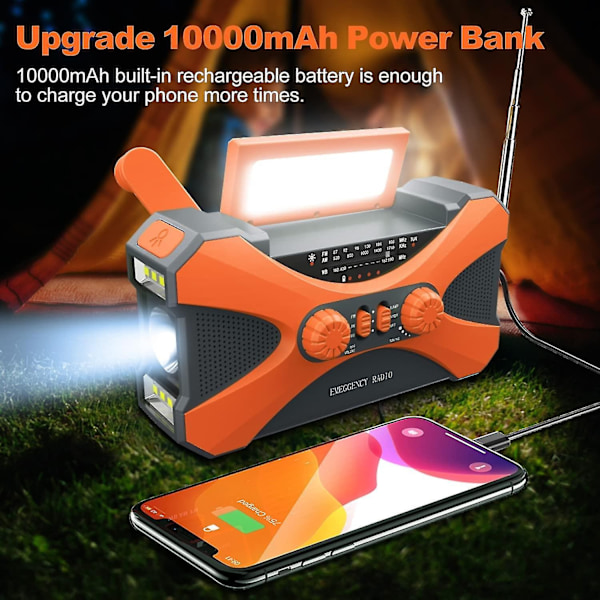 10000mAh Nödradio Solar Handvev Radio Bärbar AM/FM/NOAA Väderradio med Telefonladdare Ficklampa - Perfekt Orange