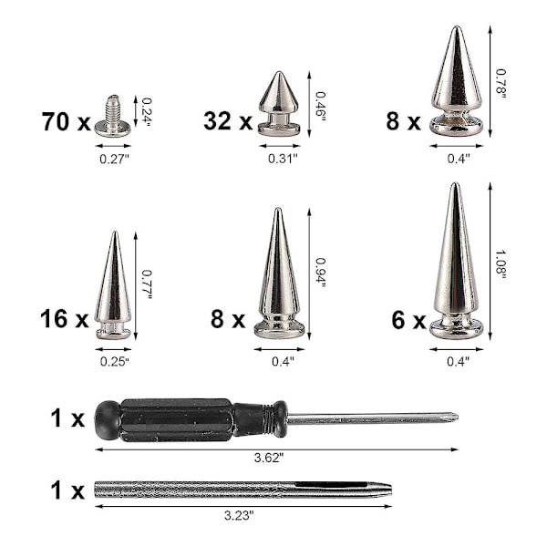 70-pack silverfärgade blandade formspikar och nitar, konforma krokspikar, lädernitkit för kläder, skor, B silver