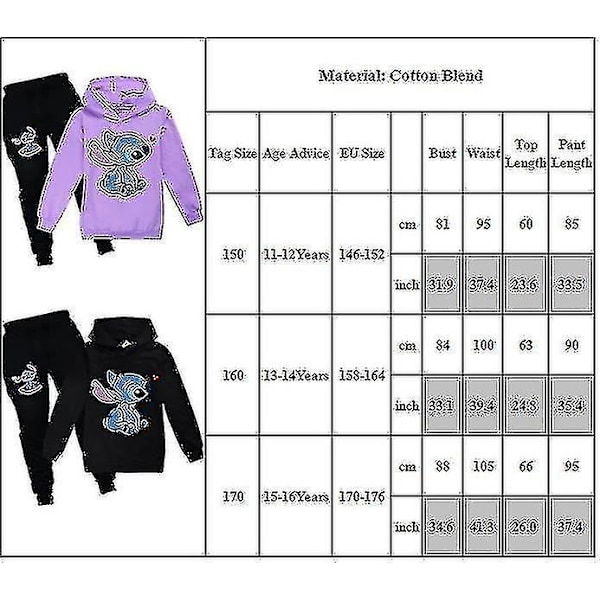 Børns Piger Stitch Træningsoverall Hoodie Toppe Hoodie Joggingbukser Sæt Outfits Tøj 11-16 År Purple