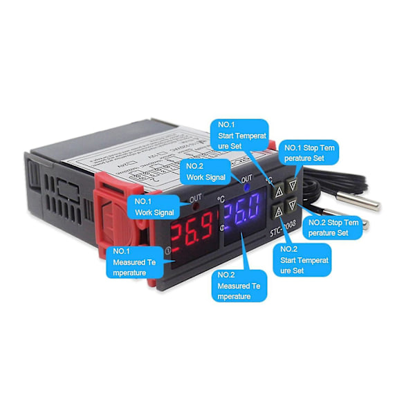 2x Stc-3008 Dubbel Digital Inkubator Termostat Display Temperaturkontroller 12v