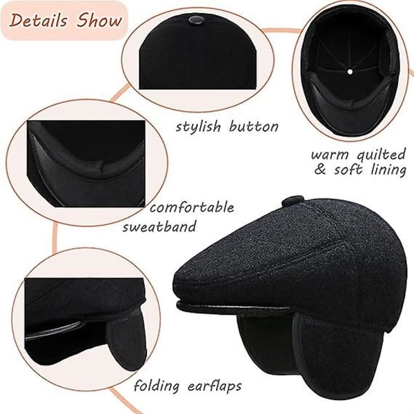 Miesten litteä lippalakki korvaläpillä Villasekoite Lämmin Newsboy Hat Ivy Hat Derby Irlantilaiset lippikset Hattu Herra Metsästys Ulkona Golf Talvihattu musta 55-60cm