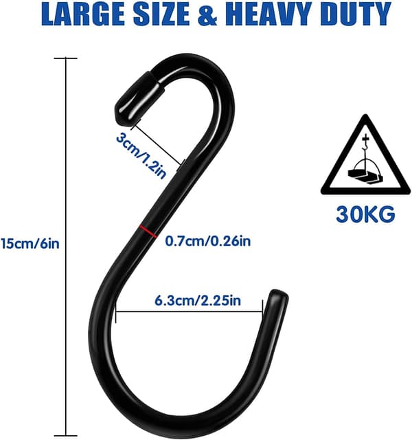 S-krokar 12-pack 15 cm Maxlast 30 kg Svart rostfritt stål Krokar för kök Badrum Sovrum Kontor-FA-