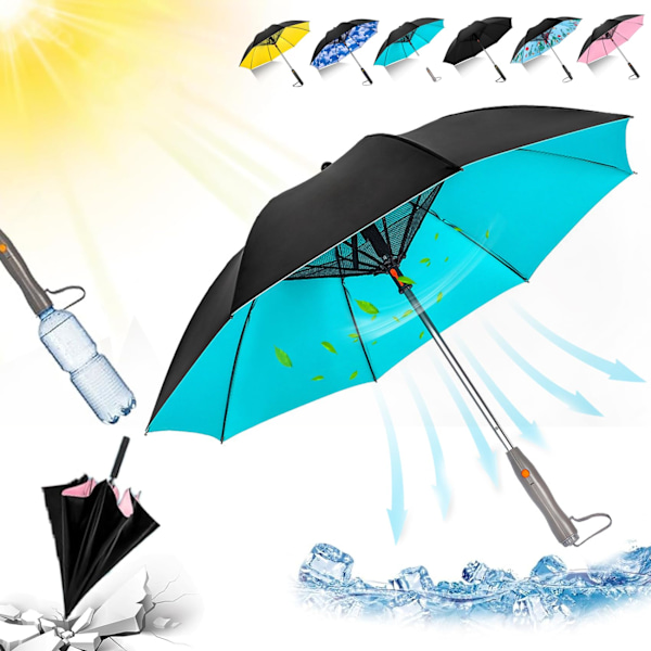 UV-blokkerende paraply med vifte, 3 i 1 paraply med vifte og Mister, parasoll, USB -laddbart, for sand, reiser Yellow