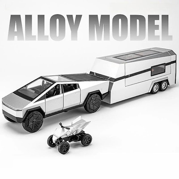 1/32 Tesla Cybertruck med campingvogn Diecast legetøj metal miniaturemodel træk tilbage lydlys samling gave dreng Silver